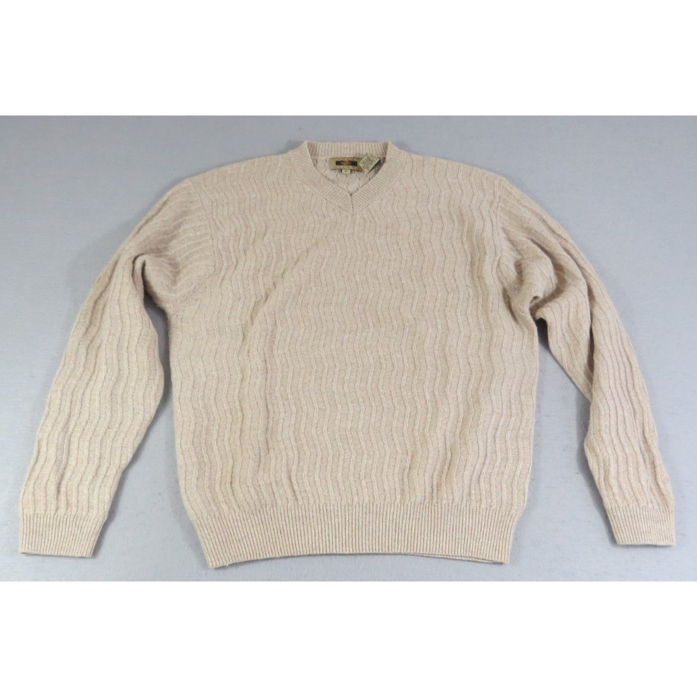 VTG Joseph Abboud Sweater Mens M Wool Cashmere Silk V Neck Beige Knit Pullover